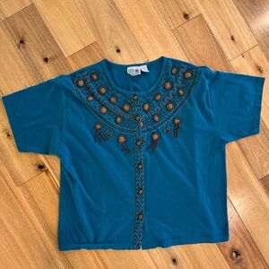 STEFANO international 22/24W Vintage t-shirt button down beaded with foe leather
